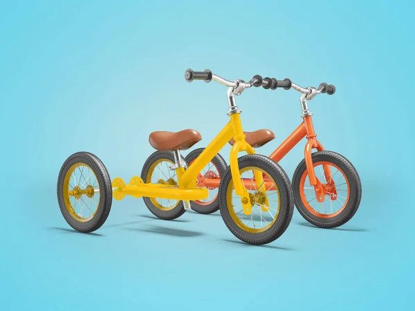 3d illustration of childrens bicycles without pedals on blue background with shadow