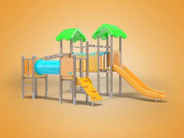 影とオレンジの背景にビーチでのゲームのための多機能の子供の遊び場の3Dイラスト — ストック写真