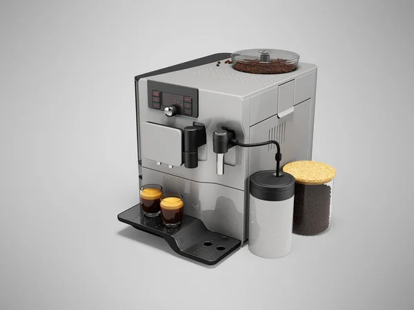 3d illustration of white professional automatic coffee machine with coffee grinder and milk dispenser on gray background with shadow