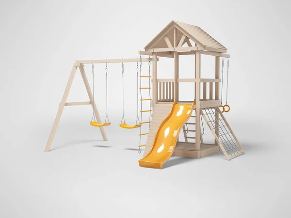 3D影と灰色の背景に隔離されたゲームのためのスイングとスライドと木製の遊び場のイラスト — ストック写真