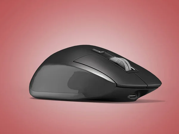 带有阴影的红色背景黑色无线笔记本电脑鼠标3D示例 — 图库照片