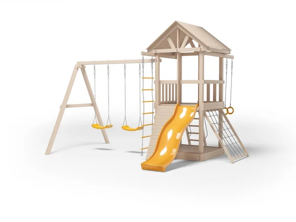 3D影と白の背景に隔離されたゲームのためのスイングとスライドと木製の遊び場のイラスト — ストック写真