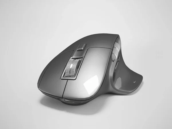带有阴影的灰色背景下黑色专业无线笔记本电脑鼠标3D演示 — 图库照片