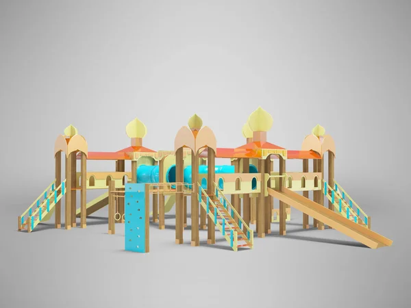 3D illustration of large playground complex for children with slides side view on gray background with shadow