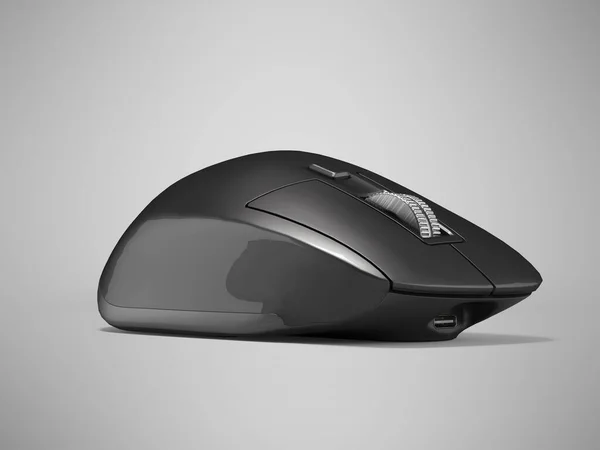 带有阴影的灰色背景下的黑色无线笔记本电脑鼠标3D示例 — 图库照片