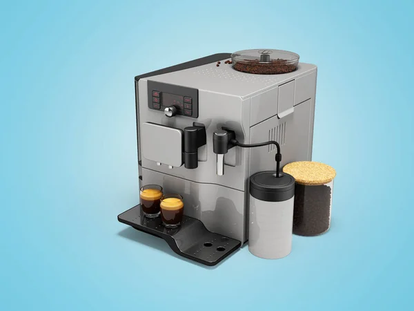 3d illustration of white professional automatic coffee machine with coffee grinder and milk dispenser on blue background with shadow