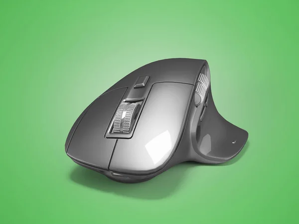 带阴影的绿色背景黑色专业无线笔记本电脑鼠标3D演示 — 图库照片