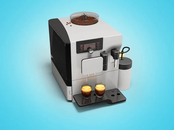 3d illustration of white automatic coffee machine with coffee grinder with milk dispenser on blue background with shadow