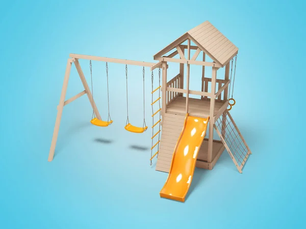 影と青の背景にゲームのためのスイングとスライドと木製の遊び場の3Dイラスト — ストック写真