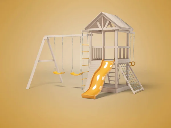 3D影とオレンジの背景に隔離されたゲームのためのスイングとスライドと木製の遊び場のイラスト — ストック写真