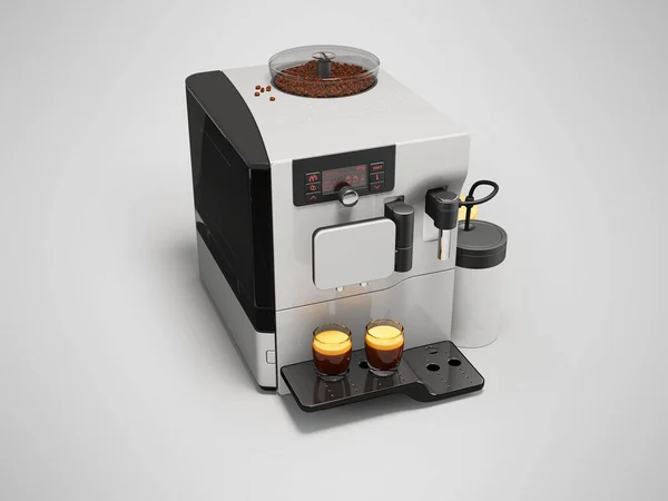 3d illustration of white automatic coffee machine with coffee grinder with milk dispenser on gray background with shadow