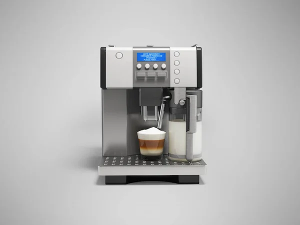 3d illustration of professional coffee machine with cappuccino machine for preparing coffee drinks front view on gray background with shadow