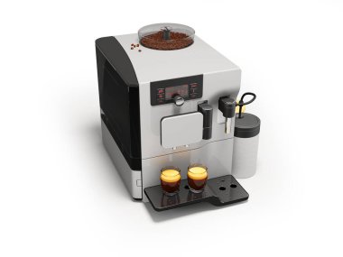 3d illustration of white automatic coffee machine with coffee grinder with milk dispenser on white background with shadow