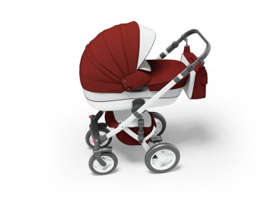 3d illustration of white baby carriage cradle for autumn walks with burgundy inserts on white background with shadow
