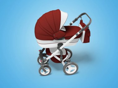 3d illustration of white baby carriage cradle for autumn walks with burgundy inserts on blue background with shadow