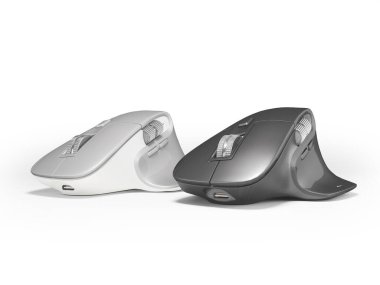 3D illustration of two modern computer mice for professional work on white background with shadow