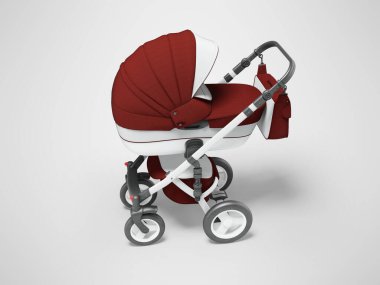 3d illustration of white baby carriage cradle for autumn walks with burgundy inserts on gray background with shadow