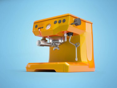 3D illustration of orange coffee machine for home brewing on blue background with shadow