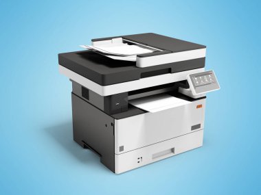 3D illustration of universal compact printer scanner on blue background with shadow
