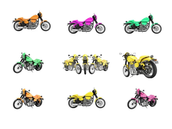 3D illustration of group of motorcycles on white background no shadow