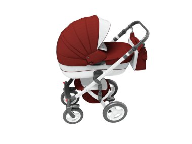 3d illustration of white baby carriage cradle for autumn walks with burgundy inserts on white background no shadow