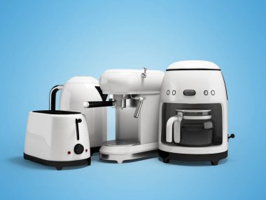 3D illustration of group of kitchen appliances for the kitchen on blue background with shadow