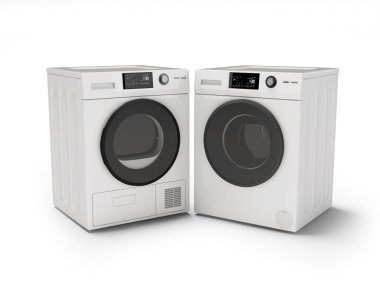 3d illustration of washing machine with straight drum and clothes dryer front view on white background with shadow