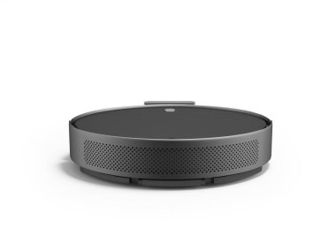 3D illustration of black slim robot vacuum cleaner for wet cleaning on white background with shadow