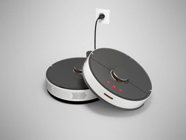 Kuru ve ıslak temizleme için 3D illüstrasyon yardımcı robot süpürge fişi gri arka planda izole edilmiş, gölgesi olan bir prize takılı.