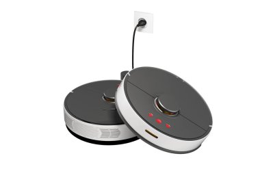 Kuru ve ıslak temizleme için 3D illüstrasyon yardımcı robot süpürge fişi beyaz arka planda izole edilmiş bir prize takılı gölge yok