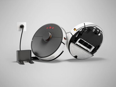 Kuru ve ıslak temizleme için gri arkaplanlı ve gölgeli şarj aleti olan bir grup robot vakum temizleyicisinin üç boyutlu çizimi