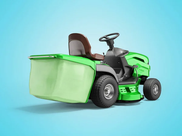 3d illustration green garden mini tractor lawnmower with grass container rear view on blue background with shadow