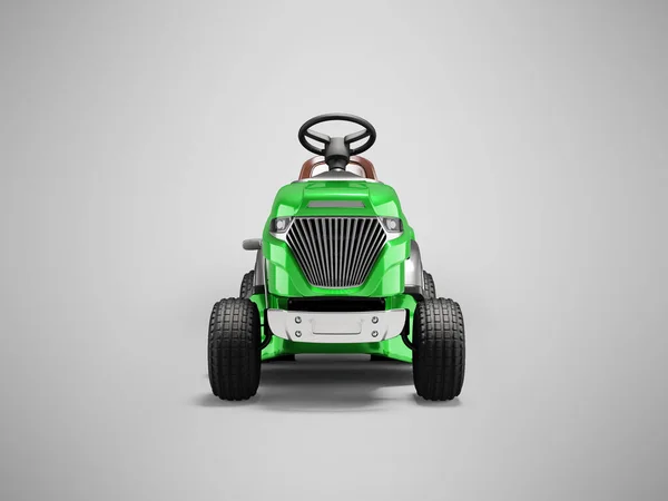 3d illustration modern garden mini tractor lawnmower with grass container front view on gray background with shadow