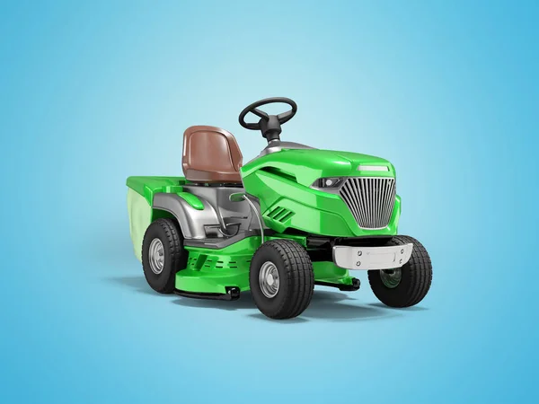 3d illustration modern garden mini tractor lawnmower with grass container rear view on blue background with shadow