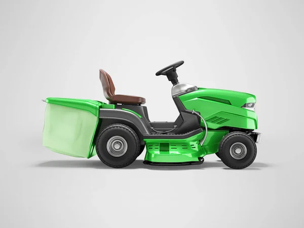 3d illustration modern garden mini tractor lawnmower with grass container side view on gray background with shadow