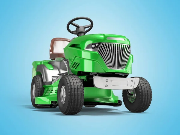 3d illustration of green garden mini tractor lawnmower with grass container on blue background with shadow