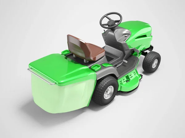 三维绿色拖拉机图解 用于在灰色背景下用集装箱割草 有阴影 — 图库照片