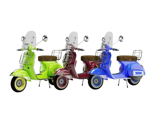 Ilustración Tres Scooters Para Montar Sobre Fondo Blanco Sin Sombra —  Fotos de Stock