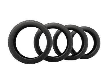 Beyaz arkaplandaki araba için üç boyutlu dört lastik seti. Gölge yok.