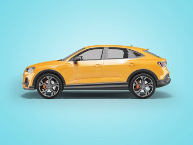 3D illüstrasyon turuncu araba yandan mavi arka planda gölgeli