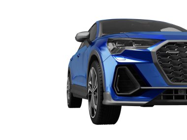 Beyaz arka planda, üç boyutlu, mavi renkli ve gölgeli bir araba.