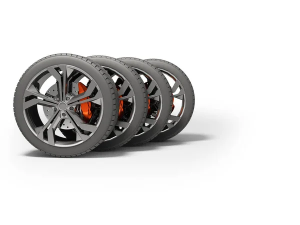 stock image 3D rendering group set of wheels and tires for car side view on white background with shadow
