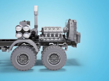 Taksi olmadan motor soğutma radyatörlü kamyon. Mavi arka planda gölgeli 3D illüstrasyon.