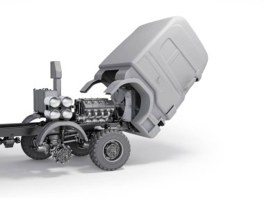 Uzun mesafeli kamyon motoru ve tekerlek onarımı beyaz arka planda gölgeli 3D illüstrasyon