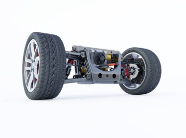 Pil perspektifi gölgeli beyaz arkaplanda izole edilmiş 3D resimli elektrikli araba sürücüsü