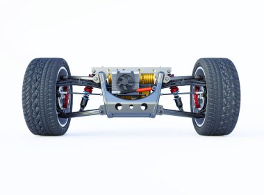 3D çizim elektrikli araba sürücüsü. Pil öngörünümü beyaz arka planda izole edilmiş ve gölgesi var.