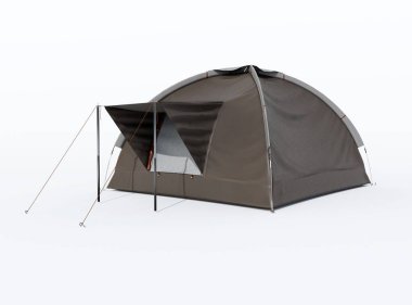 Beyaz arka planda gölgeli modern tatil çadırının 3D çizimi