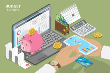 3D Isometric Flat Vlat Vektör Bütçe Planlama, Aile Finansal Yönetimi
