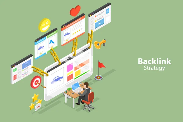 Isometric Flat Vector Conceptual Illustration Backlink Strategy Online Link Building — Wektor stockowy