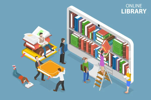 Isometric Flat Vector Conceptual Illustration Online Library Cyfrowe Czytanie Learning — Wektor stockowy